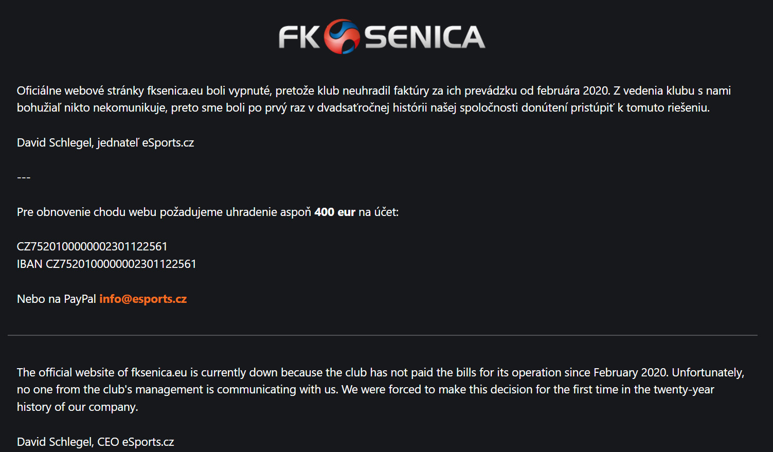 Oficiálny web FK Senica je momentálne nefunkčný.